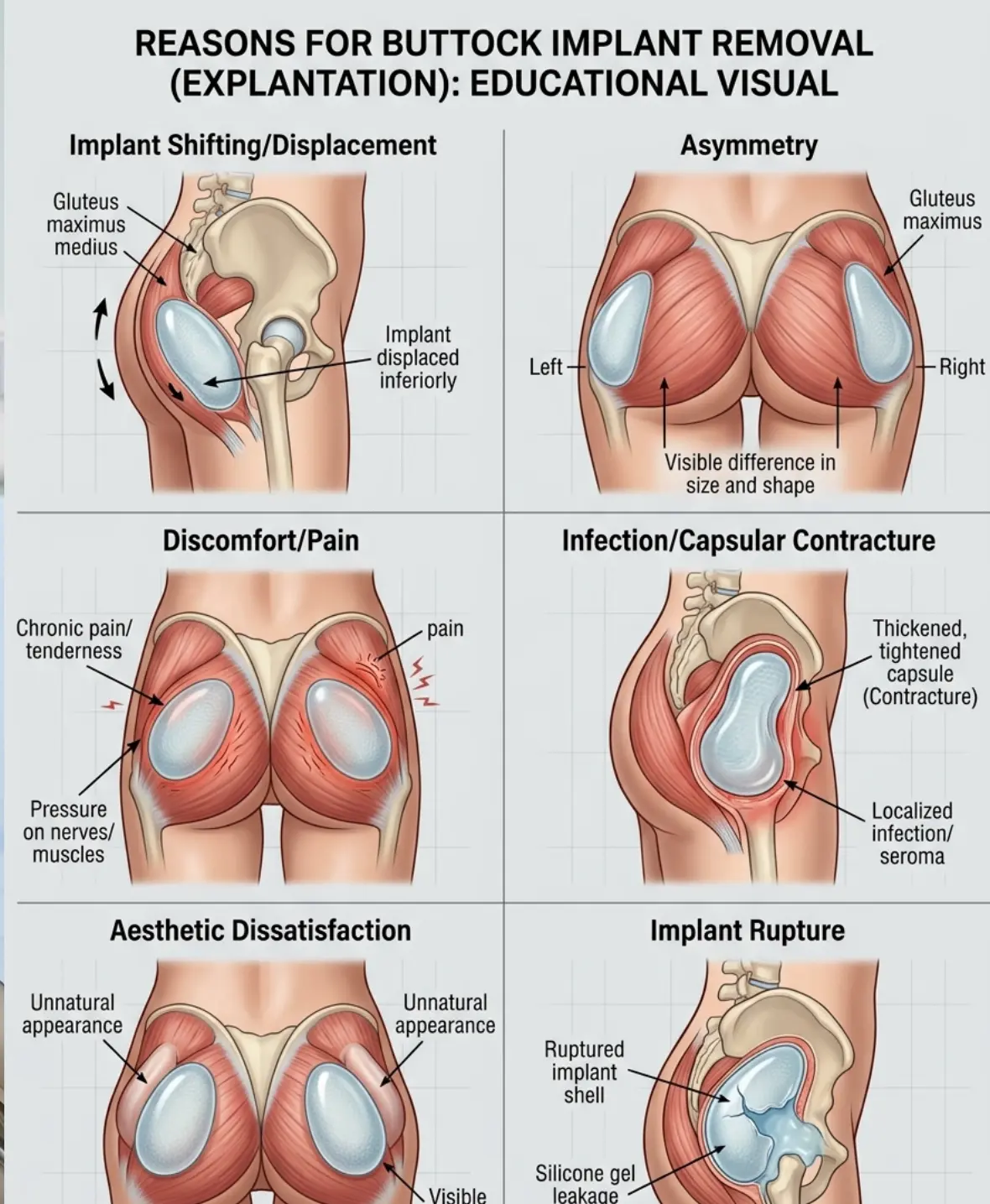 Common causes for buttock implant removal including discomfort, asymmetry, and implant complications