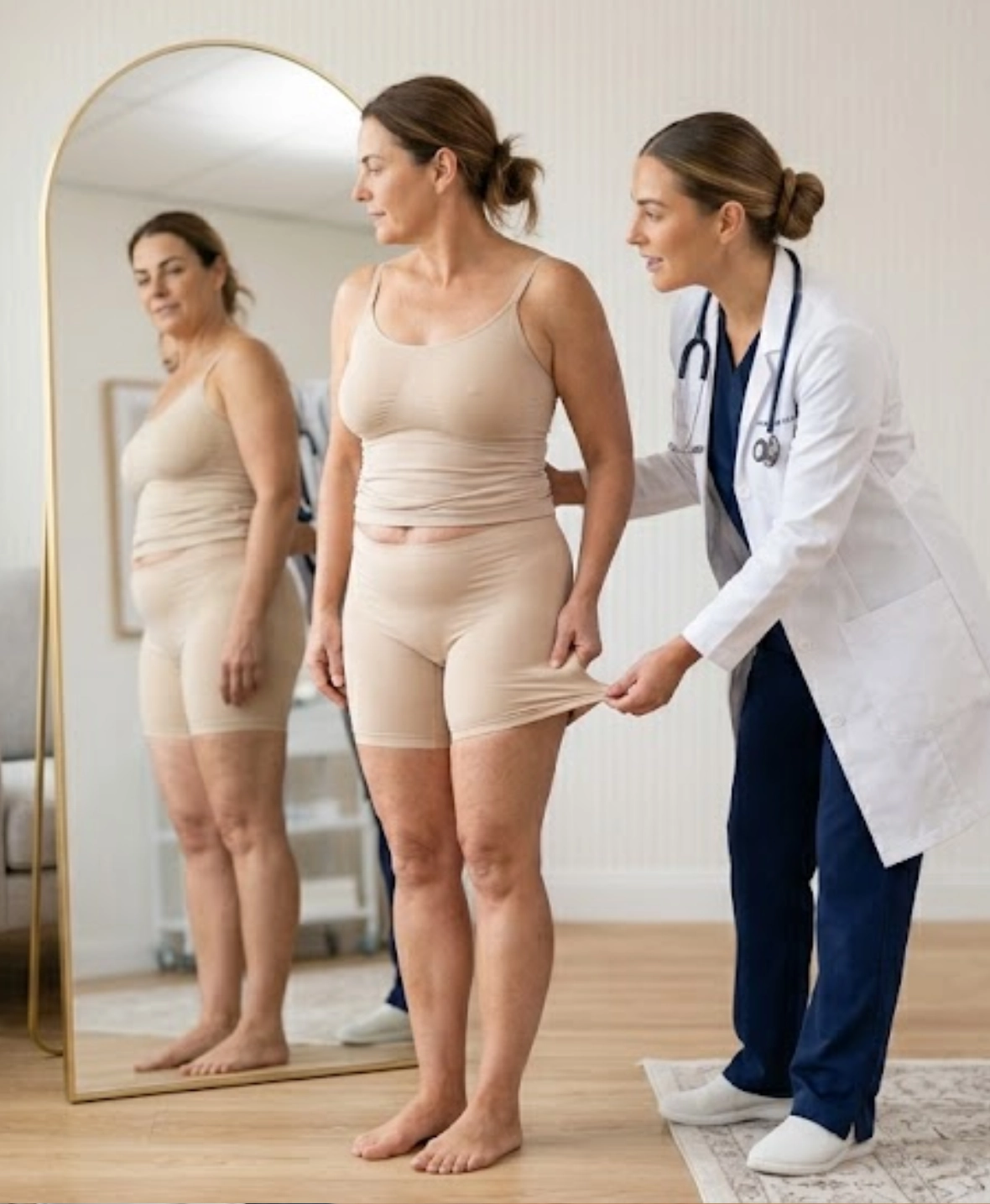 A cosmetic surgeon consulting with a patient about skin laxity, natural aging, and loose tissue after weight loss to determine the best approach for a buttock lift.