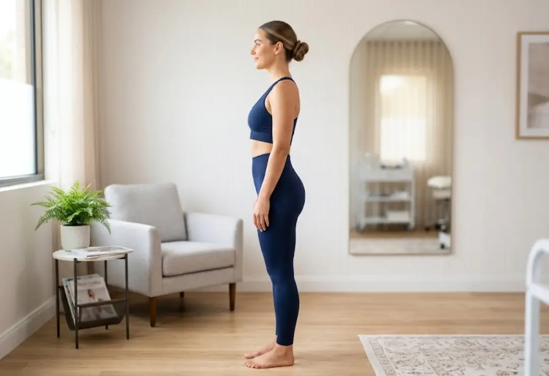 A confident patient showcasing a firm, lifted, and tightened lower body contour in a modern clinic setting following a buttock lift procedure.