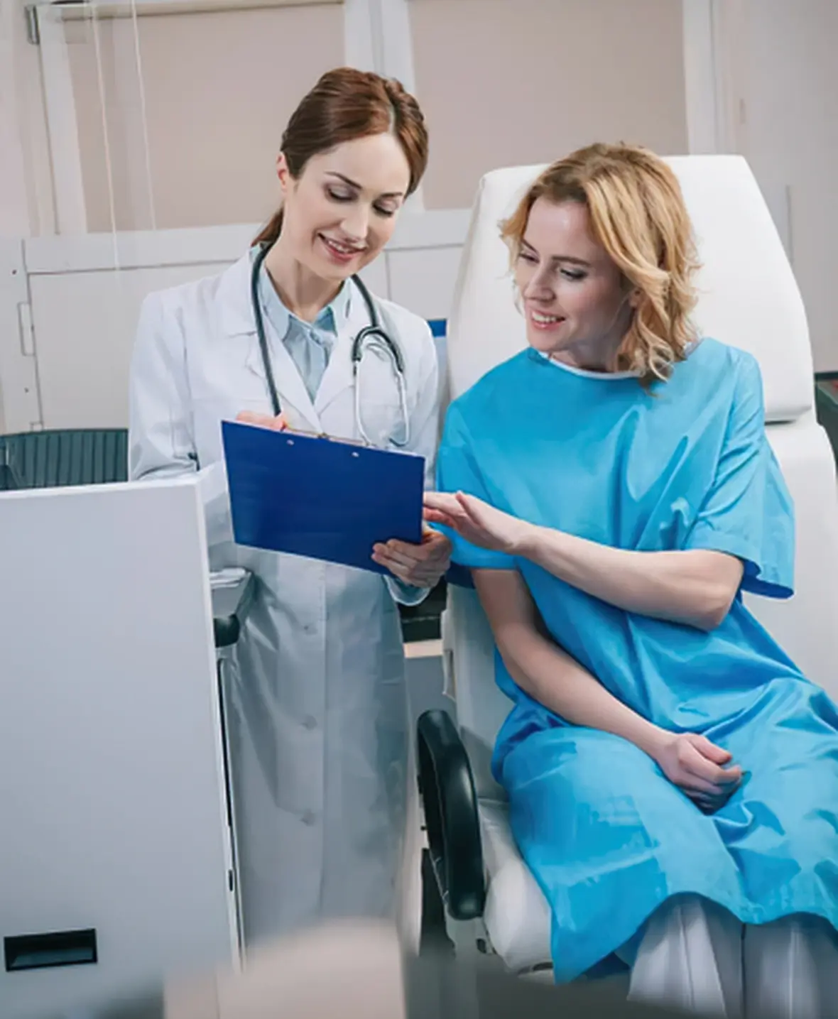 A medical professional discussing potential risks and reconstructive surgery considerations with a patient.