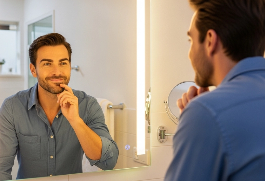 A satisfied male patient admiring his balanced, symmetrical brow positioning and refreshed facial structure in a mirror following a successful brow lift.