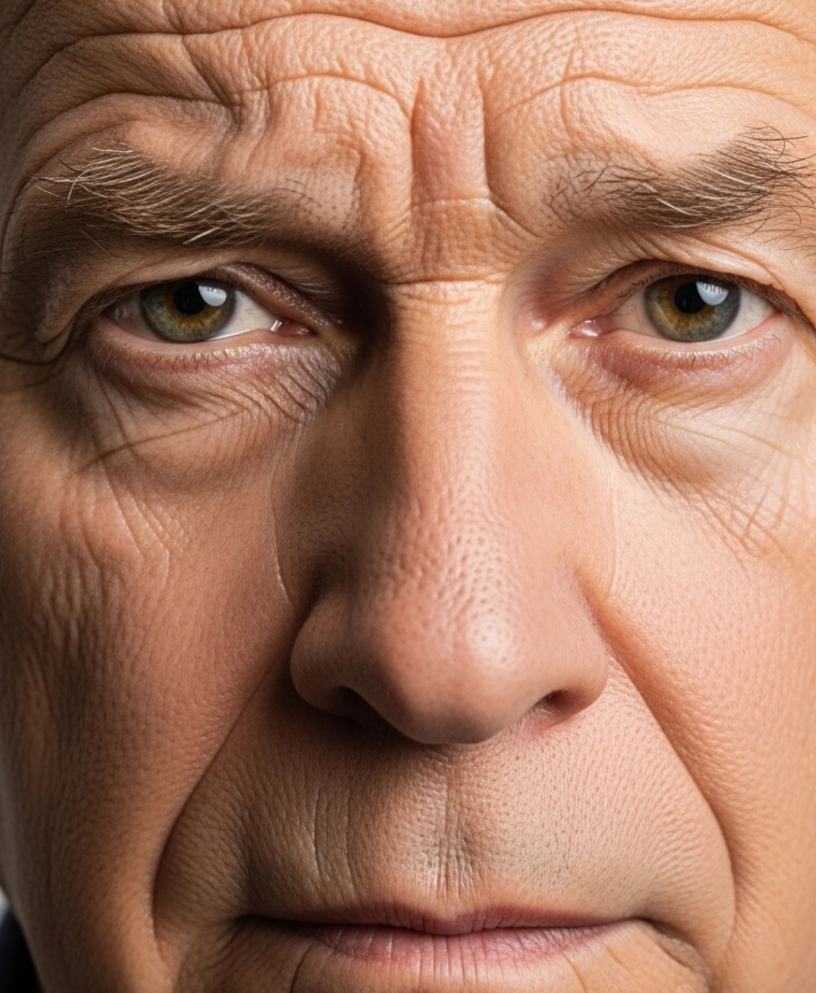 A realistic portrait of a mature man illustrating natural signs of aging, skin laxity, and deep forehead furrows caused by collagen loss and expressions.