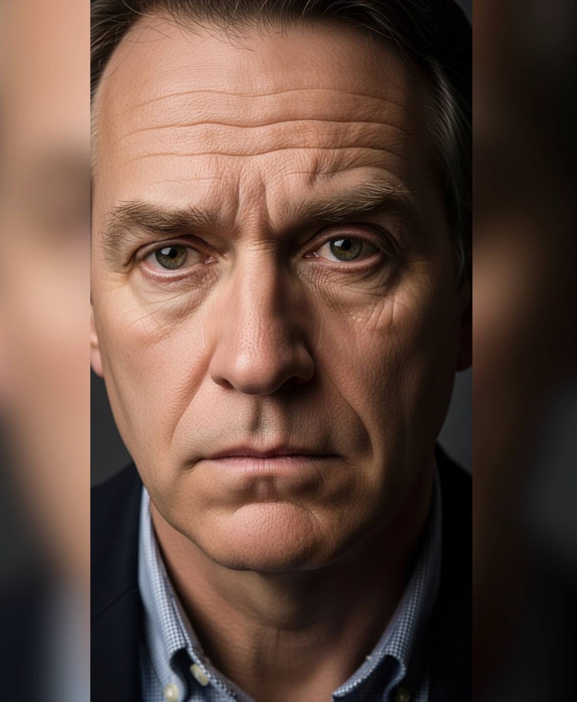 A realistic representation of a man showing symptoms of brow ptosis (sagging brows), including heavy eyelids and a tired facial appearance that may benefit from surgery.