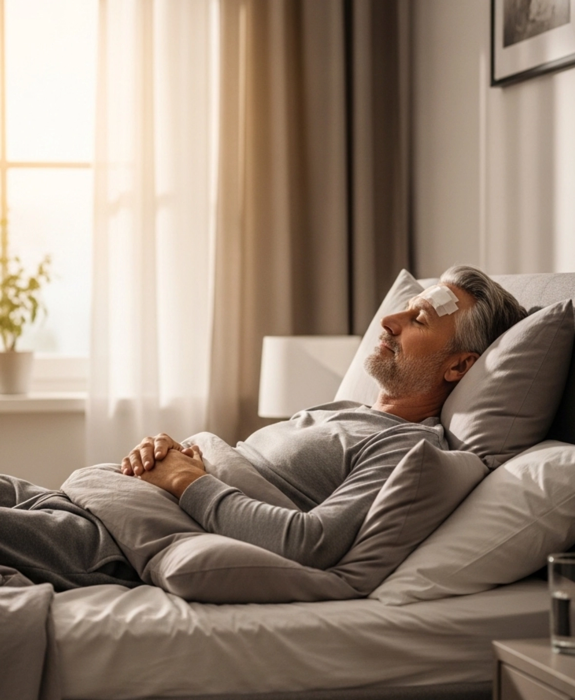 A male patient resting comfortably at home with his head elevated and a light forehead dressing during the recovery and aftercare phase after a brow lift.