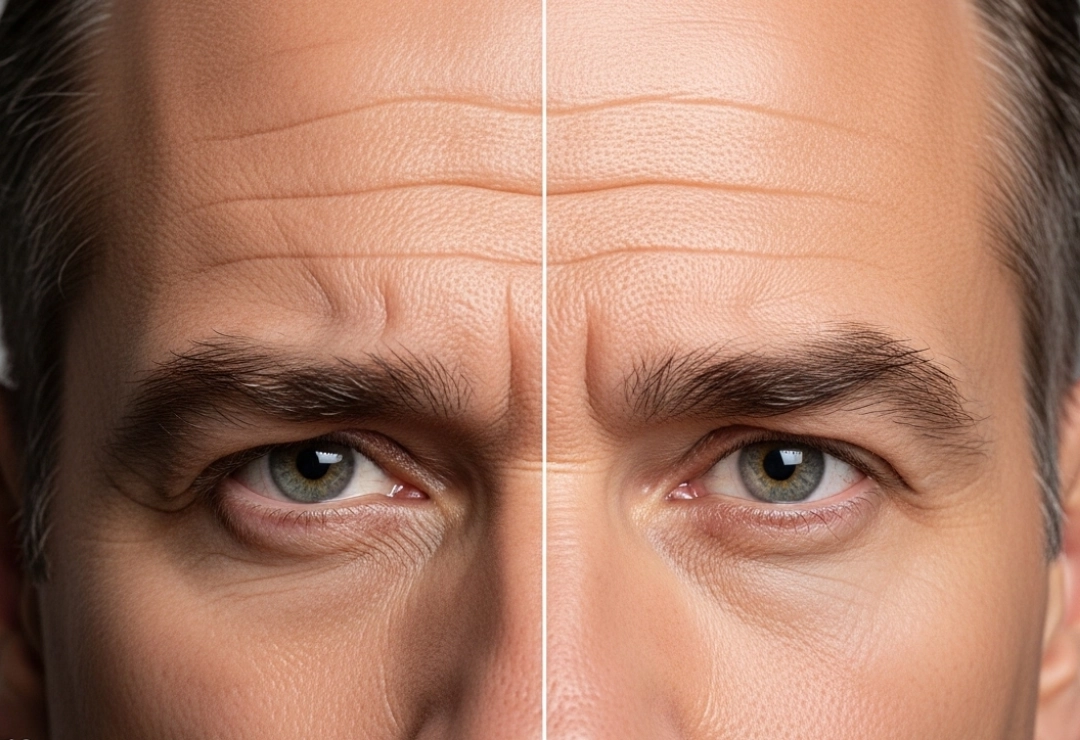 A photorealistic comparison of a man’s upper face showing a subtle, masculine forehead rejuvenation before and after a brow lift procedure to reduce a tired appearance.