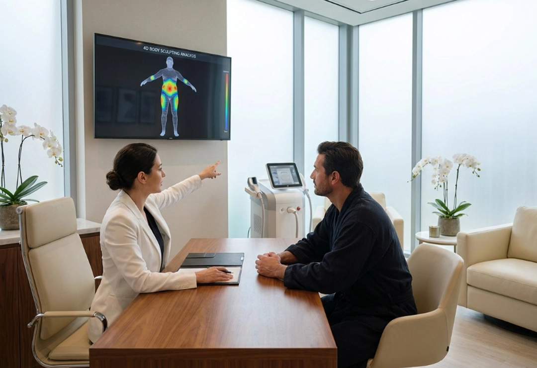 Patient consulting with a specialist about 4D Body Sculpting treatment in a luxury aesthetic clinic