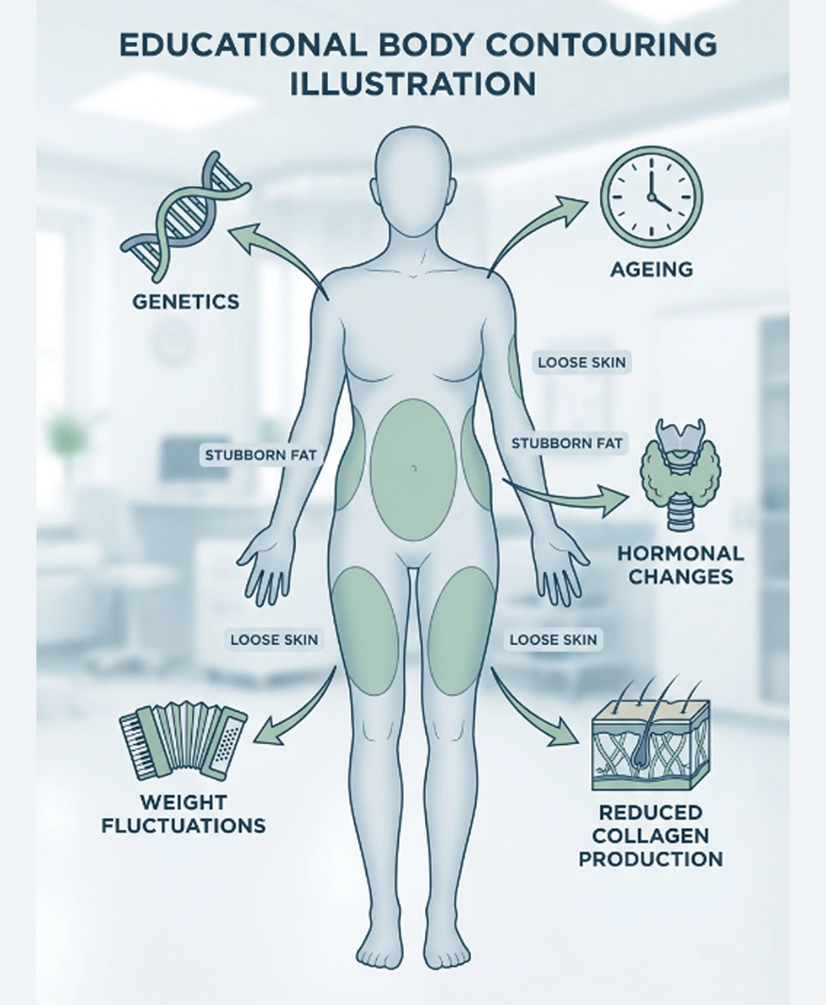 Common causes of stubborn fat and loose skin including ageing and weight fluctuations