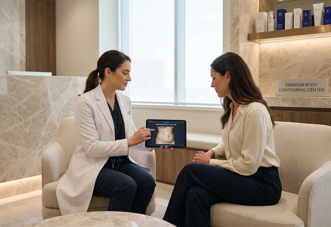 Patient consulting with a surgeon about abdominoplasty tummy tuck surgery in a luxury cosmetic clinic