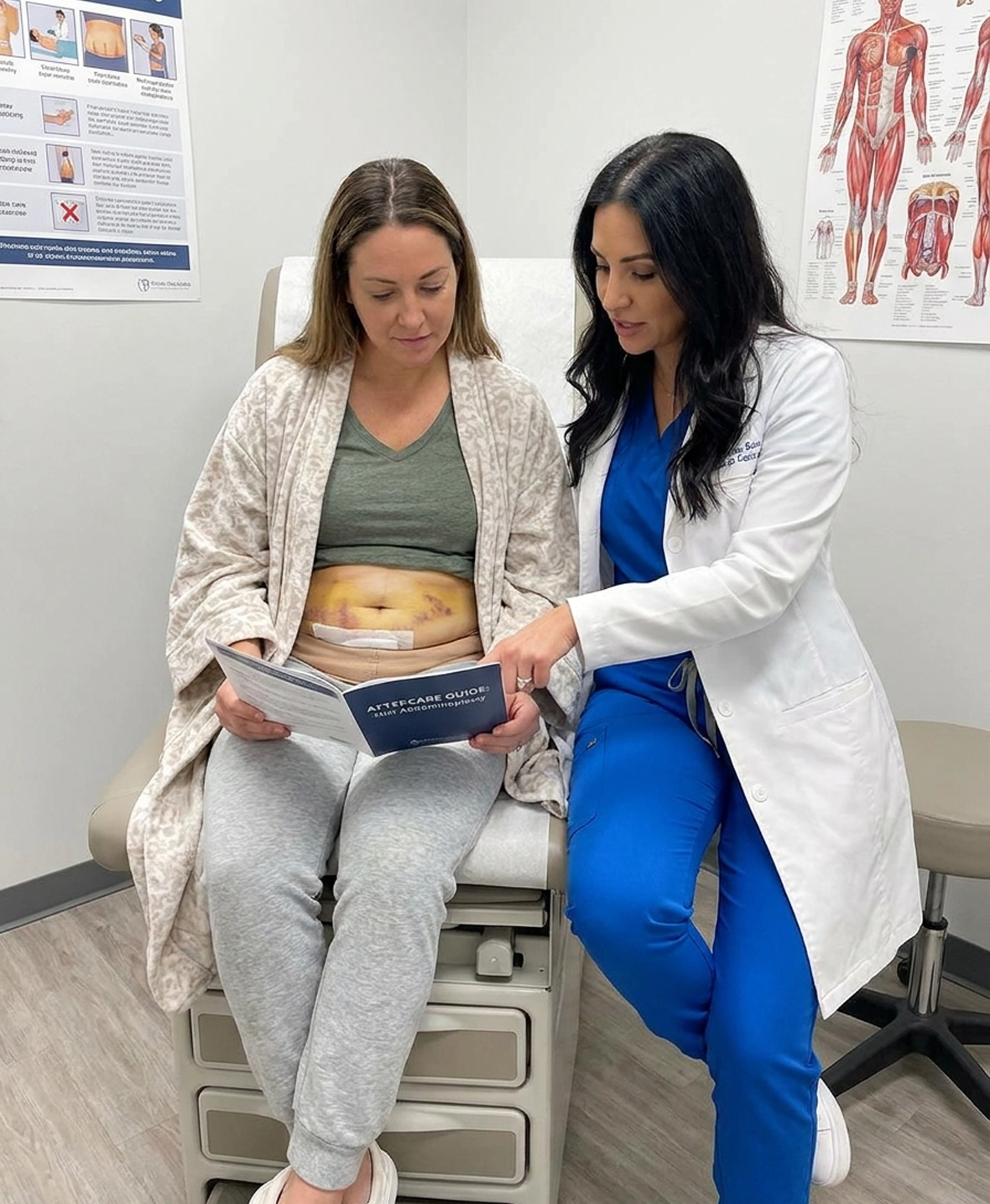 Patient examining loose abdominal skin before tummy tuck surgery