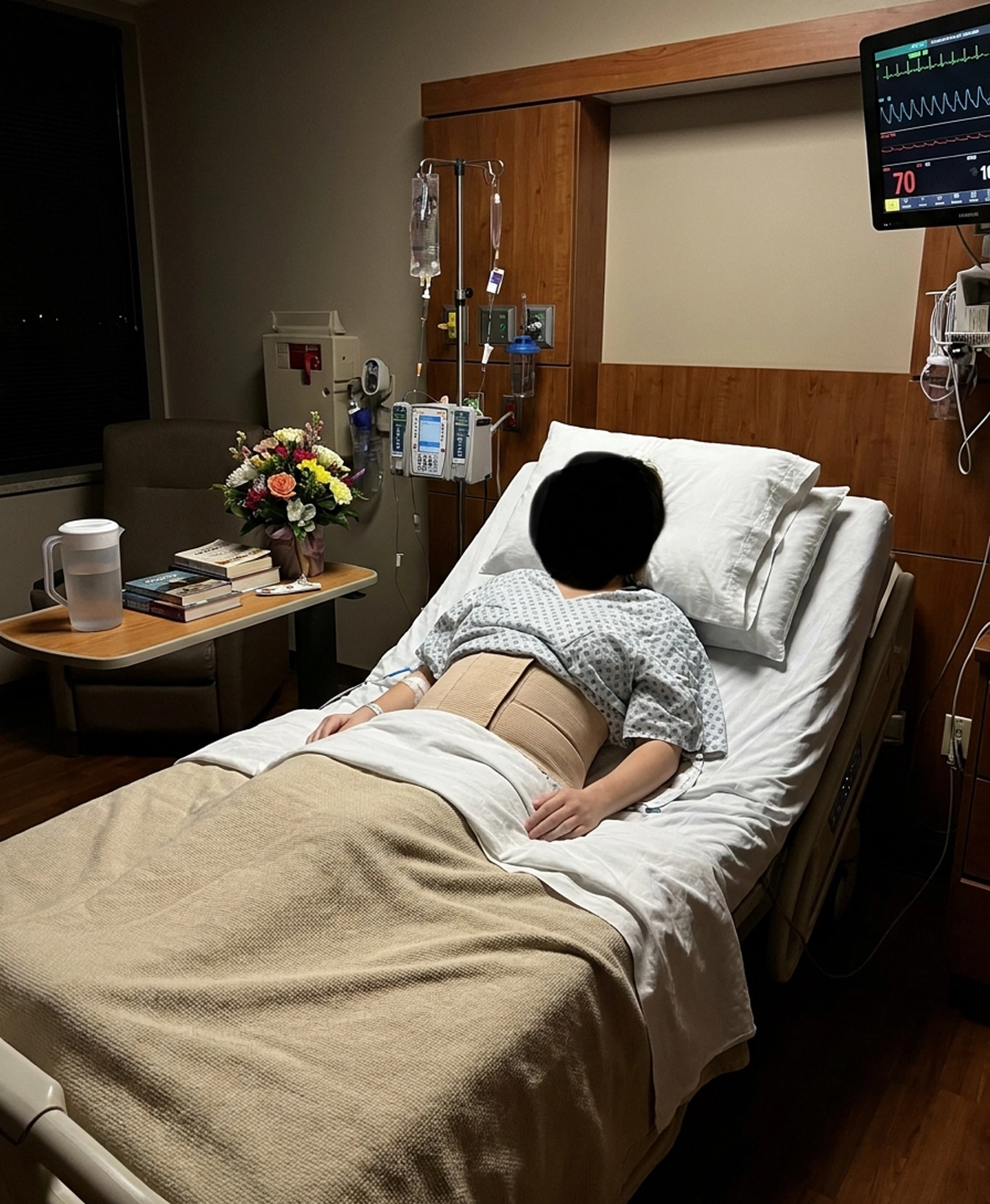 Patient recovering overnight after tummy tuck surgery while wearing a compression garment