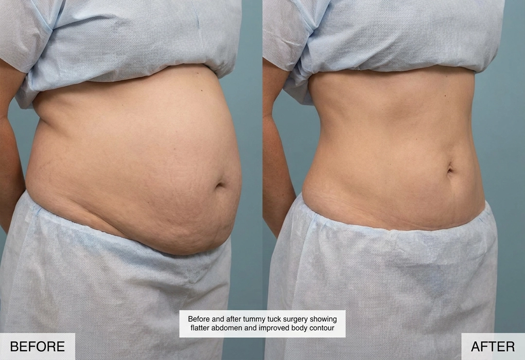 Before and after tummy tuck surgery showing flatter abdomen and improved body contour