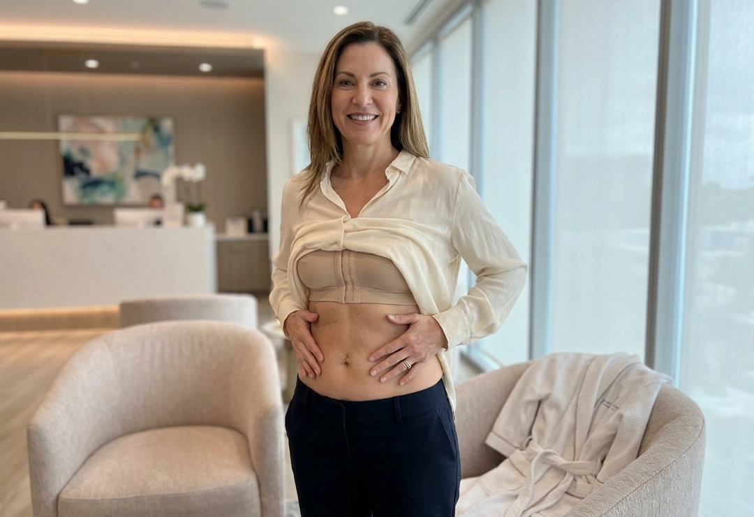 Confident patient after tummy tuck surgery with flatter and firmer abdominal contour