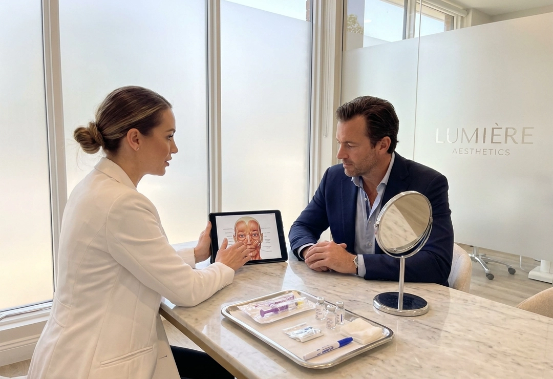 Patient consulting with a practitioner about Botox 100 Units treatment in a luxury aesthetic clinic