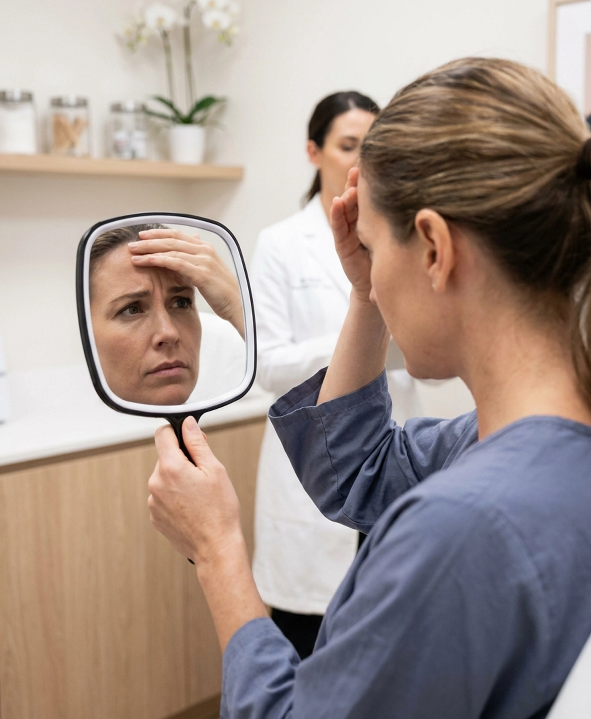 Patient examining facial wrinkles and fine lines before Botox treatment
