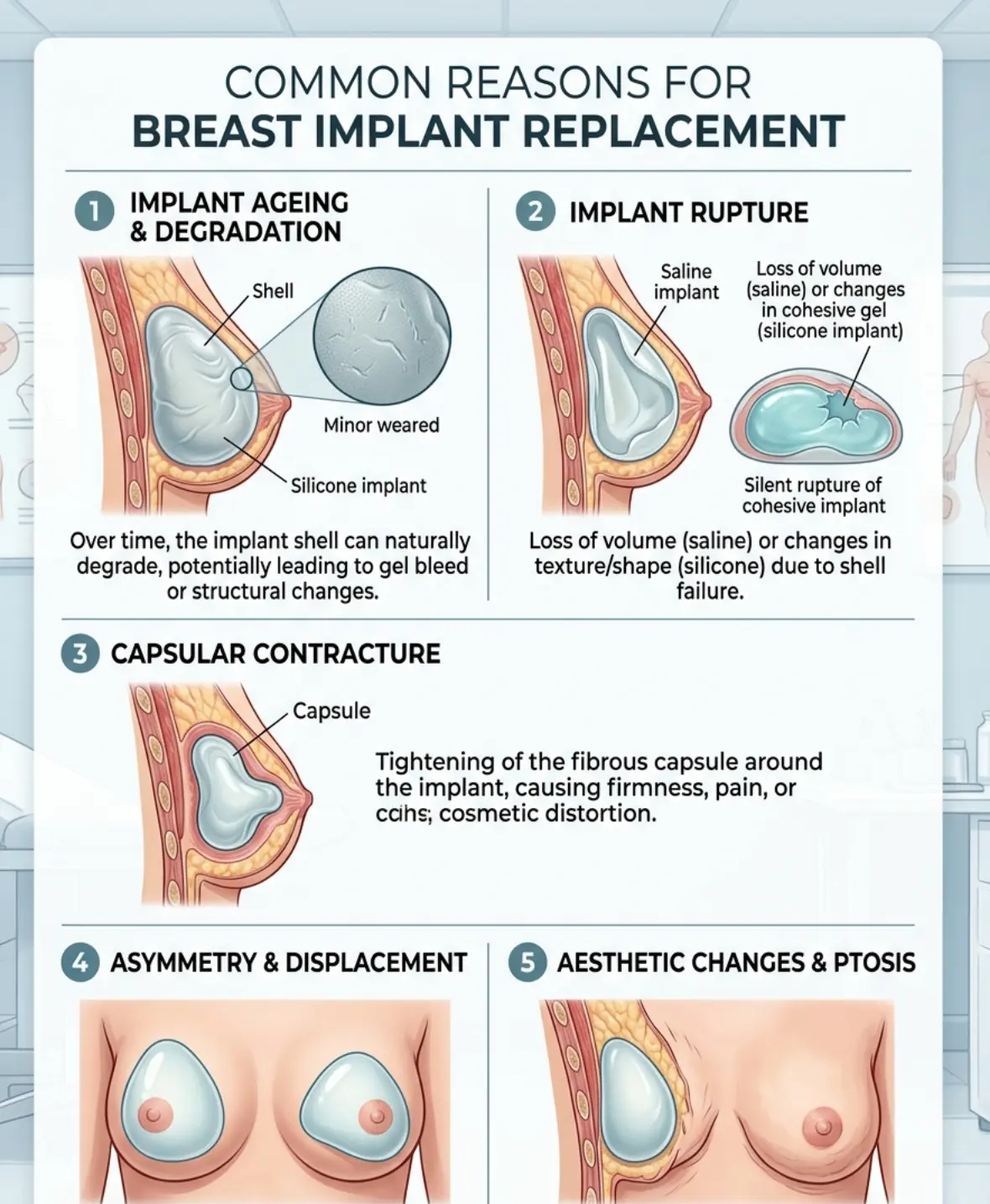 Common causes for breast implant replacement including implant ageing, rupture, and capsular contracture