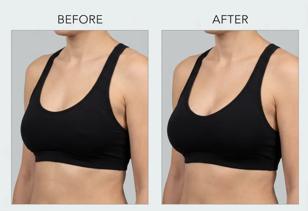 Before and after breast implant replacement showing improved breast shape and symmetry