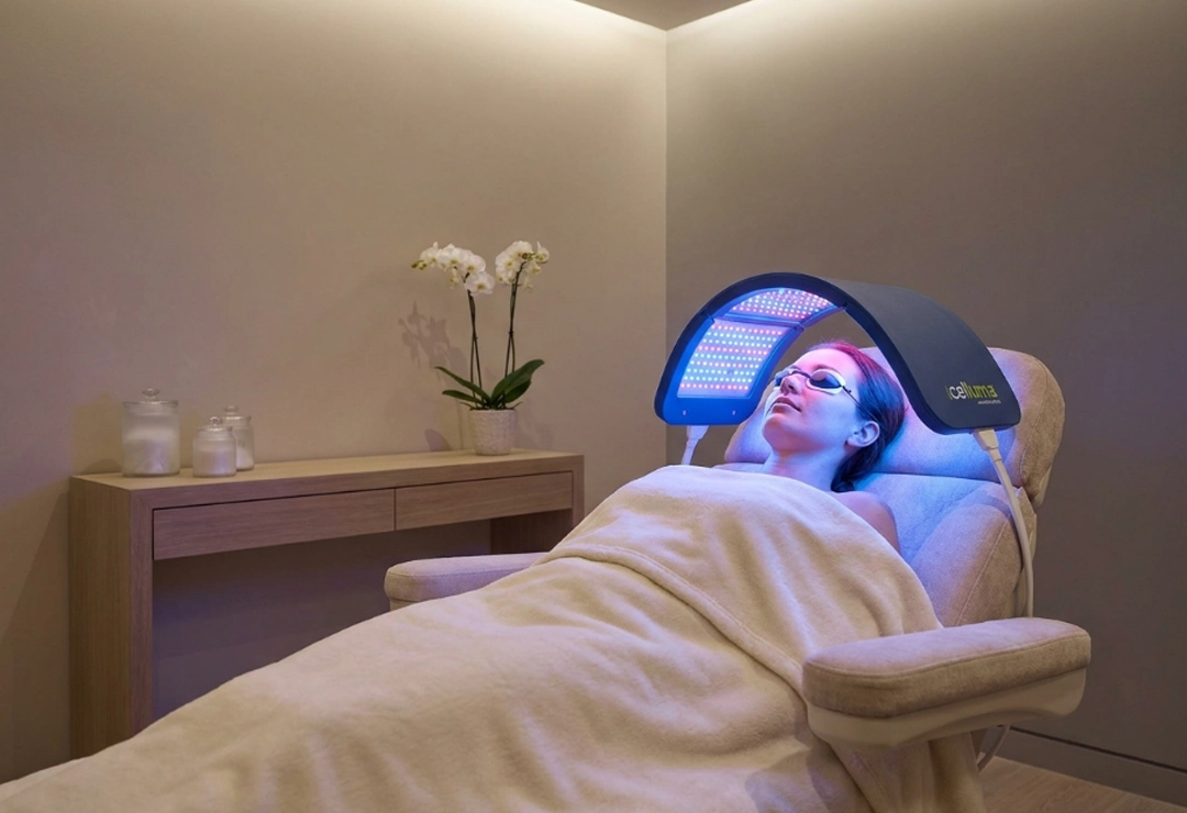 Patient receiving Celluma LED phototherapy treatment in a luxury aesthetic clinic