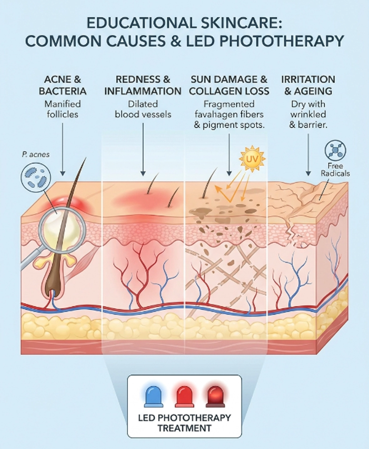 Common causes of acne, skin inflammation, and ageing treated with LED phototherapy