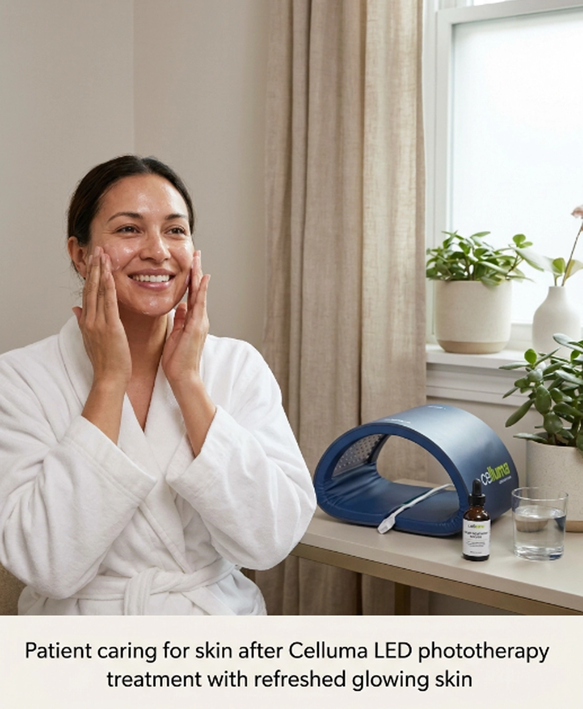 Patient caring for skin after Celluma LED phototherapy treatment with refreshed glowing skin