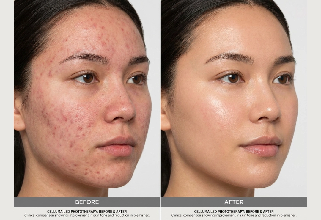 Before and after Celluma LED phototherapy showing clearer skin and reduced redness