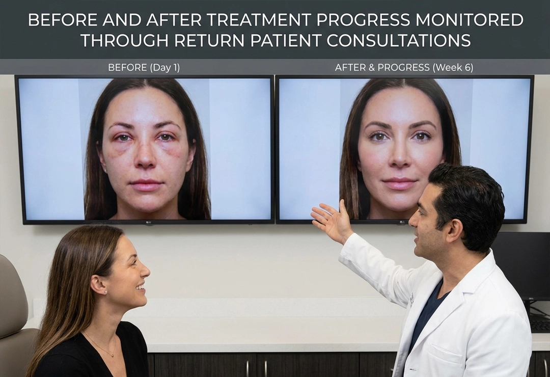 Before and after treatment progress monitored through return patient consultations