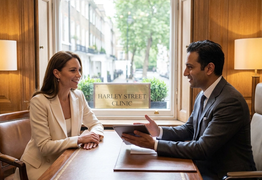 Confident return patient attending a successful consultation at Harley Street clinic