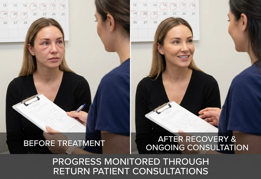 Before and after treatment progress monitored through return patient consultations