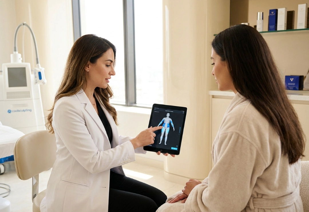 Patient consulting with a specialist about CoolSculpting fat reduction treatment in a luxury clinic