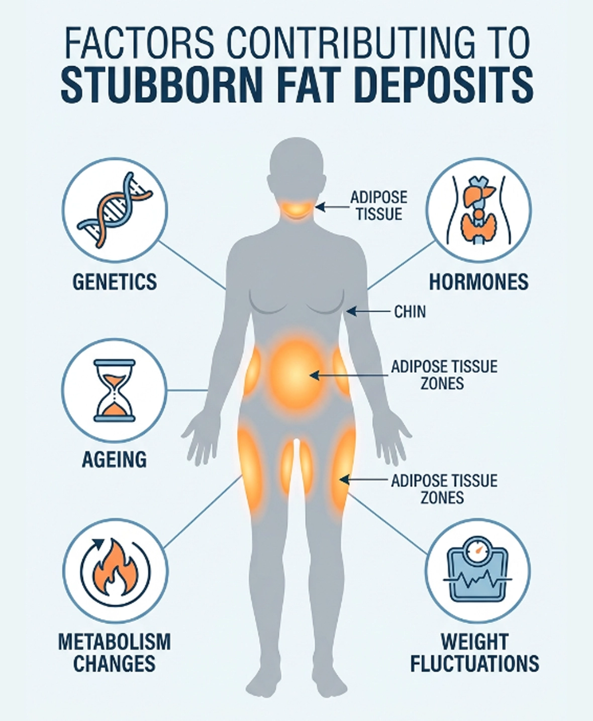 Common causes of stubborn fat deposits including genetics and metabolism changes