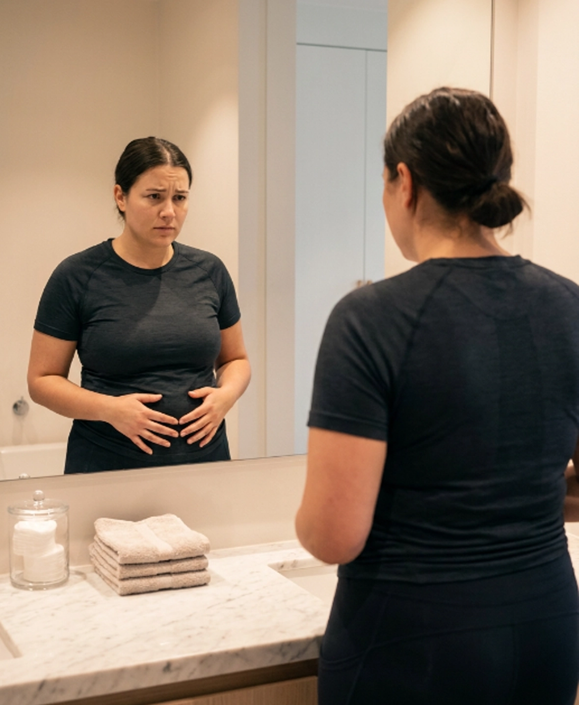 Patient examining loose skin and stretch marks before Morpheus8 body sculpting treatment