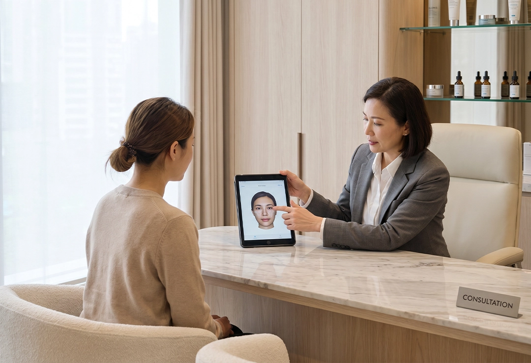 Patient consulting with a practitioner about dermal fillers and anti-aging injections in a luxury aesthetic clinic