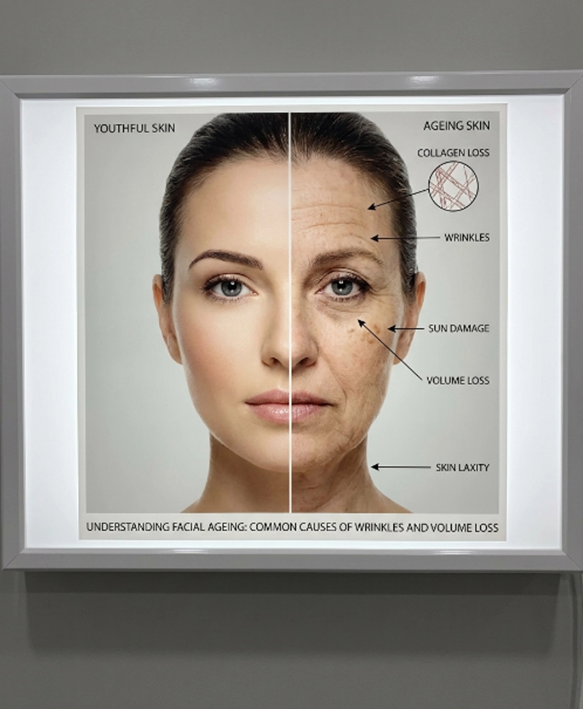 Common causes of wrinkles and facial volume loss including ageing and collagen reduction