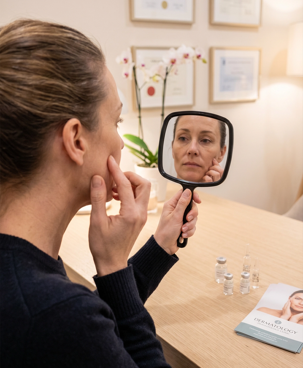 Woman examining wrinkles and facial volume loss before dermal filler treatment