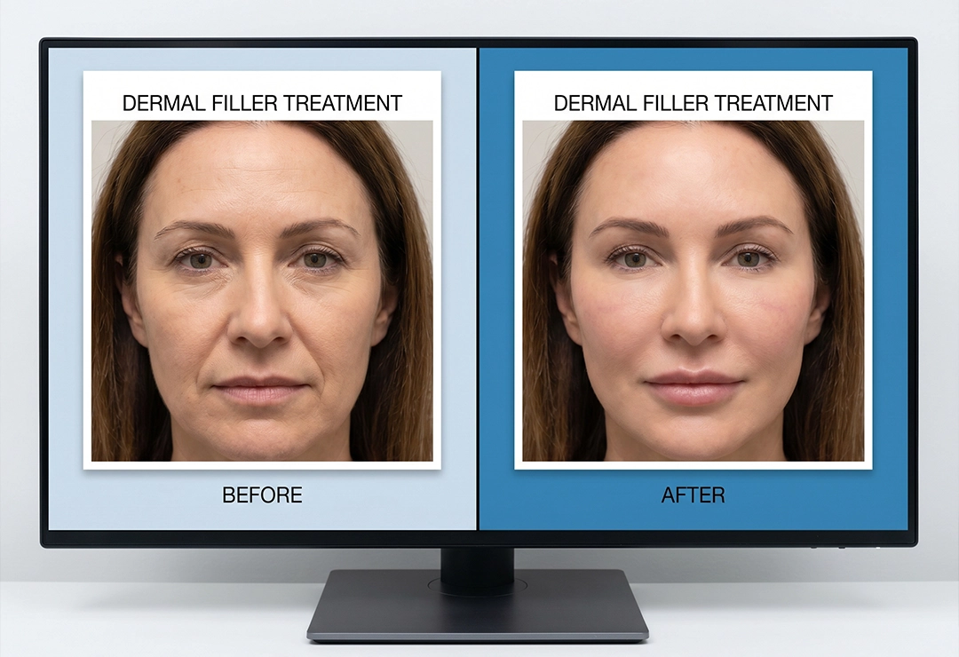 Before and after dermal fillers showing improved facial volume and smoother skin