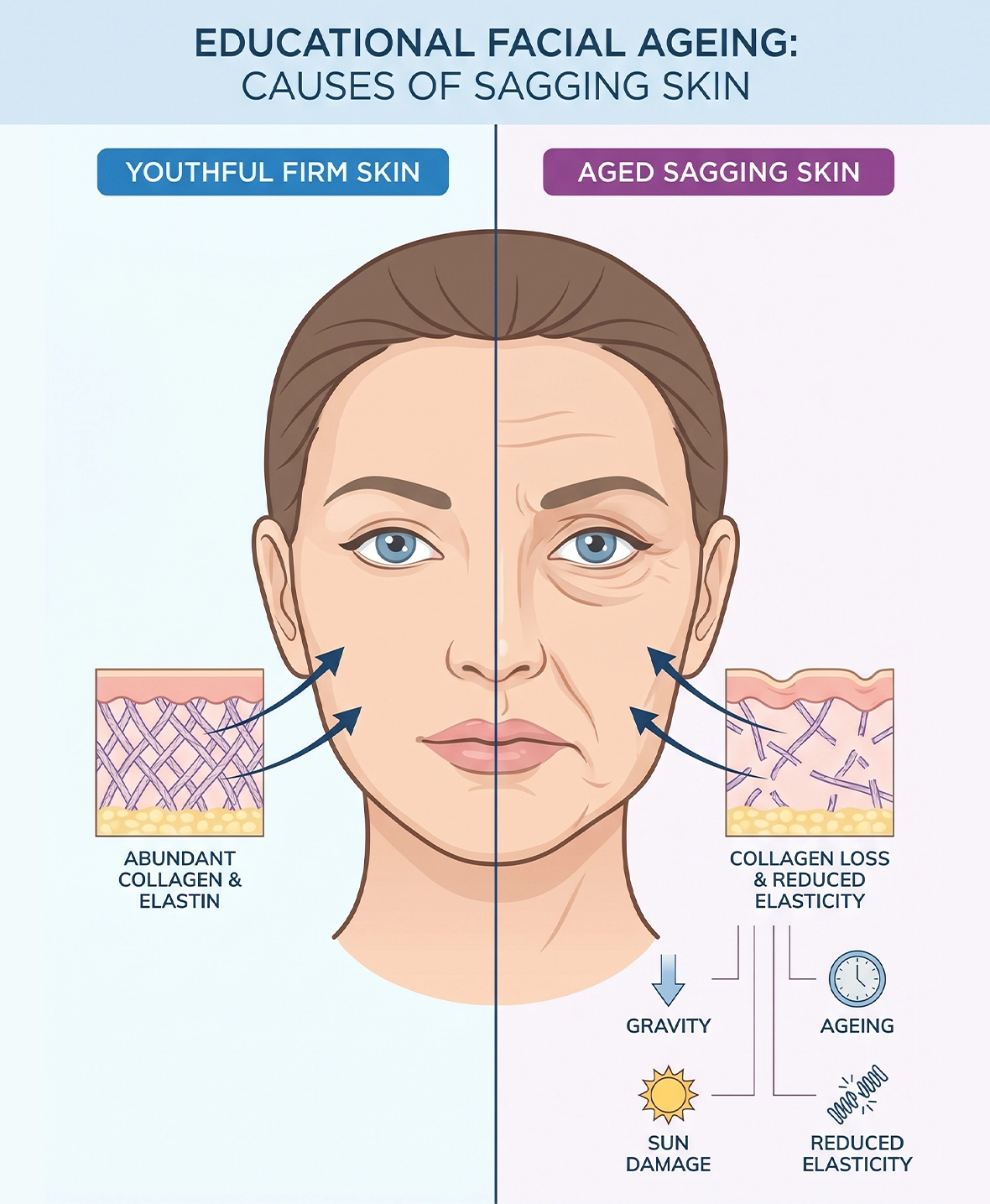 Common causes of facial and neck sagging including ageing and collagen loss