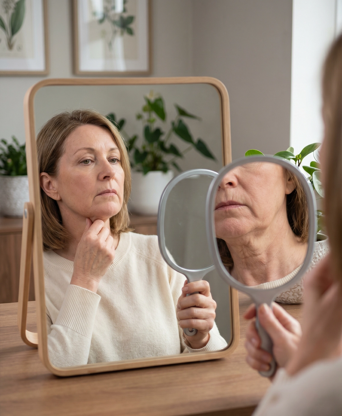 Patient examining sagging facial and neck skin before face lift and neck lift surgery