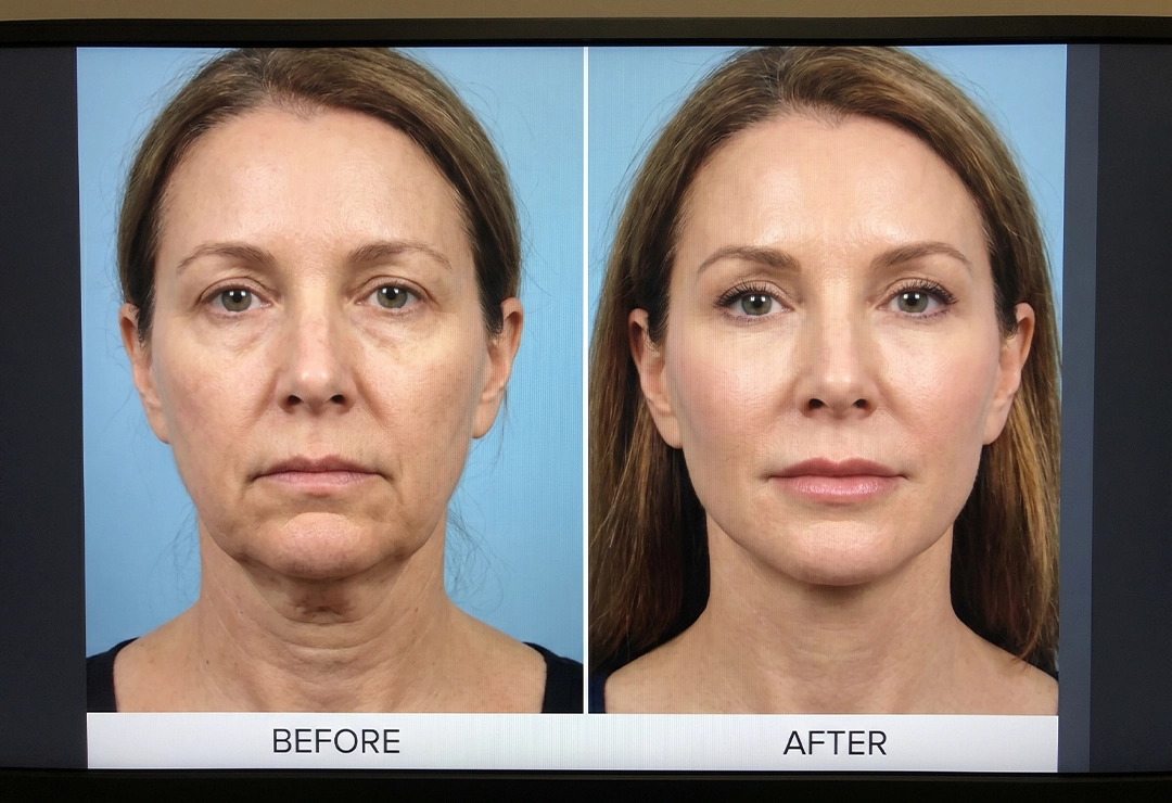 Before and after face lift and neck lift showing firmer skin and improved facial contours