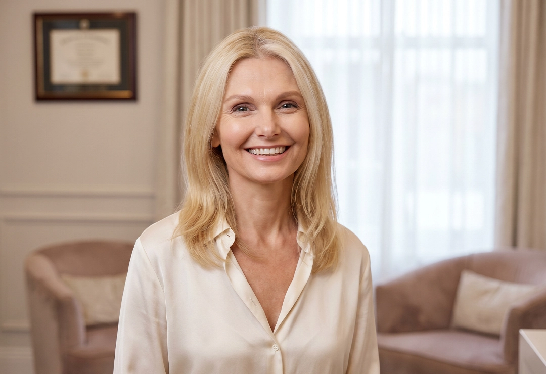 Confident patient after face lift and neck lift surgery with natural-looking rejuvenated facial contours