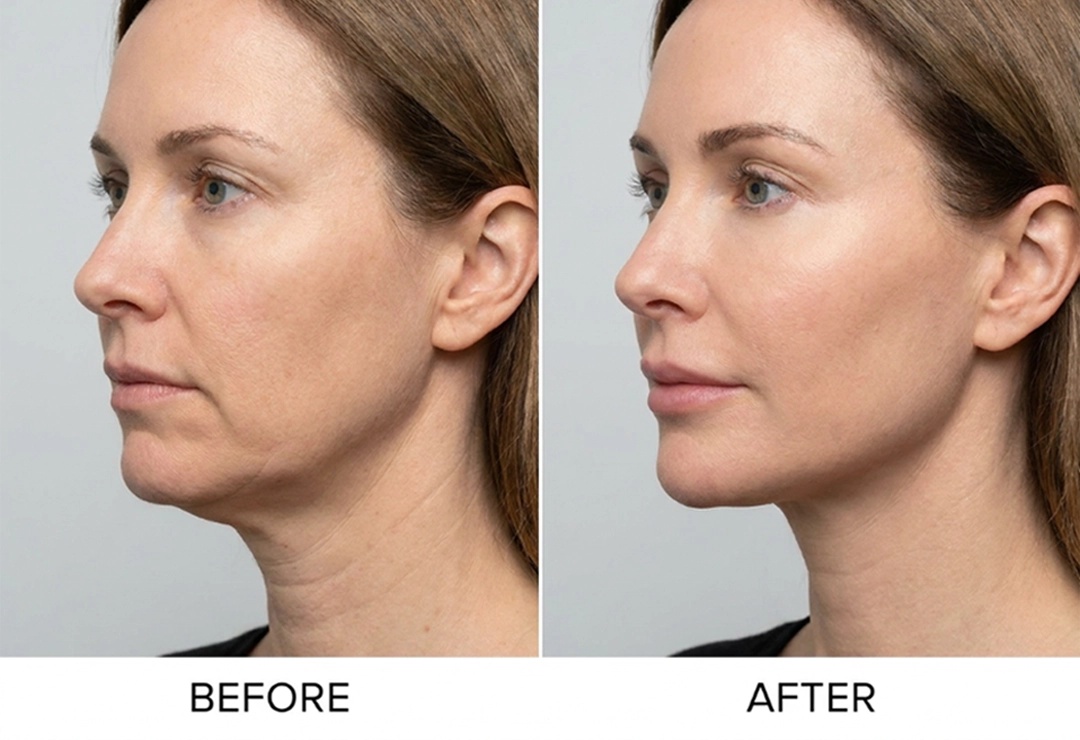 Before and after FaceTite treatment showing tighter skin and improved jawline definition
