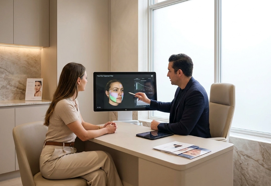 Patient consulting with a specialist about FaceTite non-surgical facelift treatment in a luxury clinic