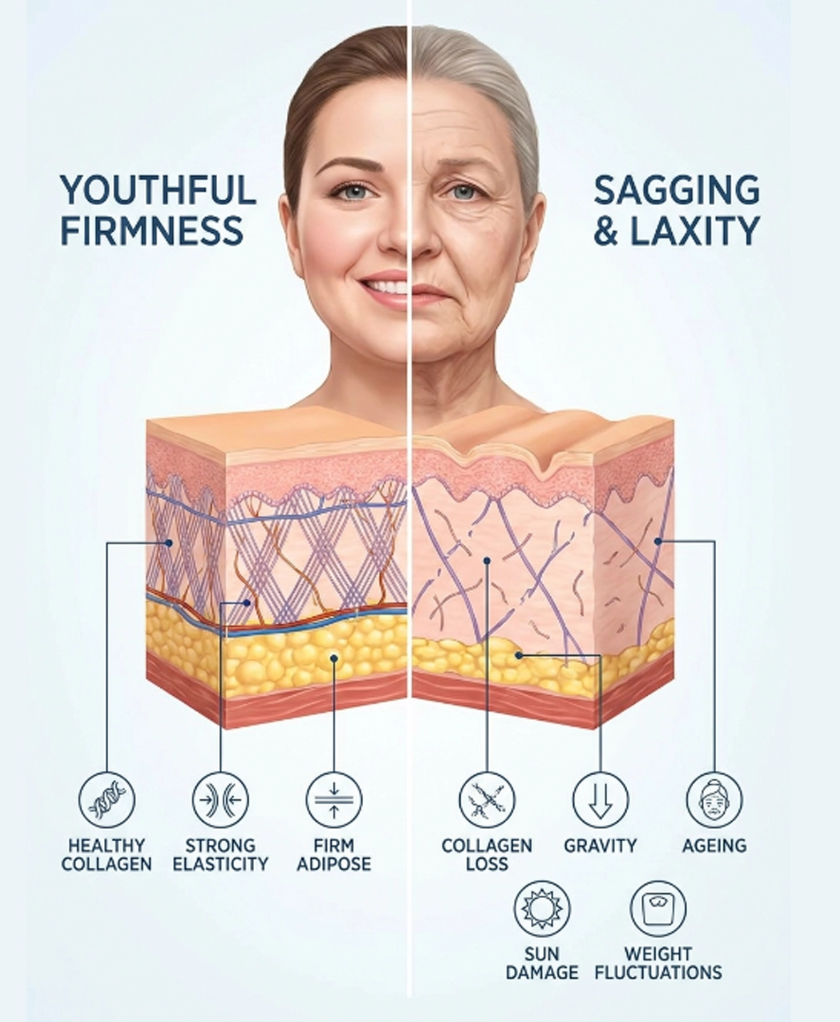 Common causes of facial sagging and skin laxity including ageing and collagen loss