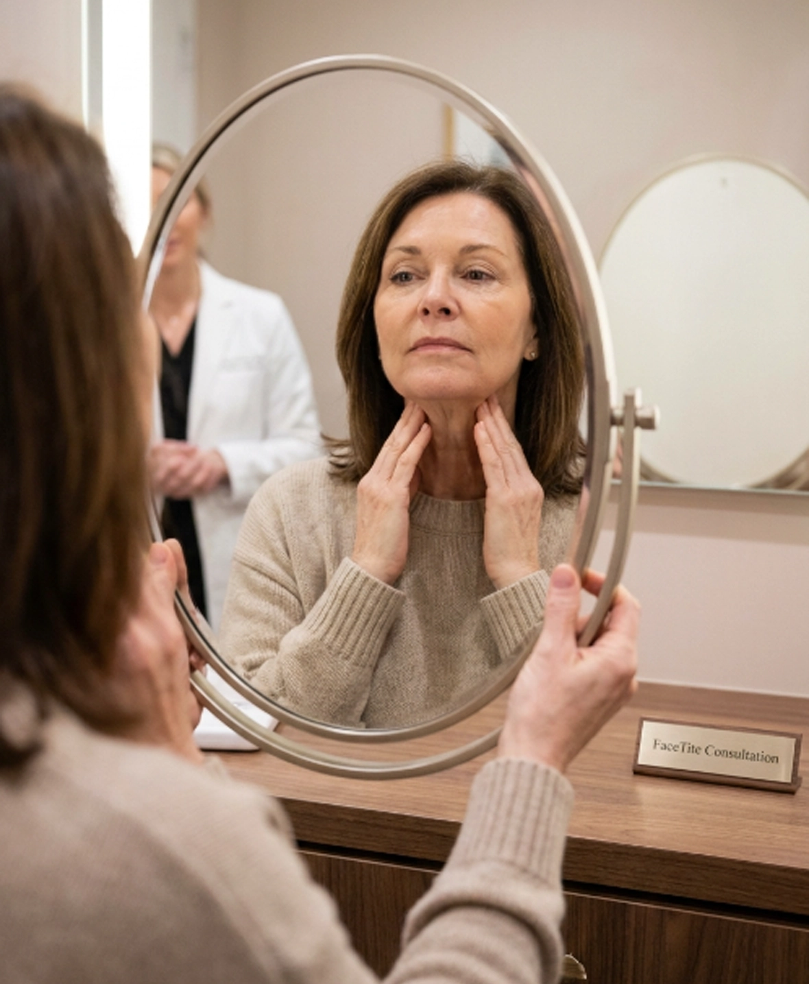 Patient examining loose jawline and neck skin before FaceTite treatment