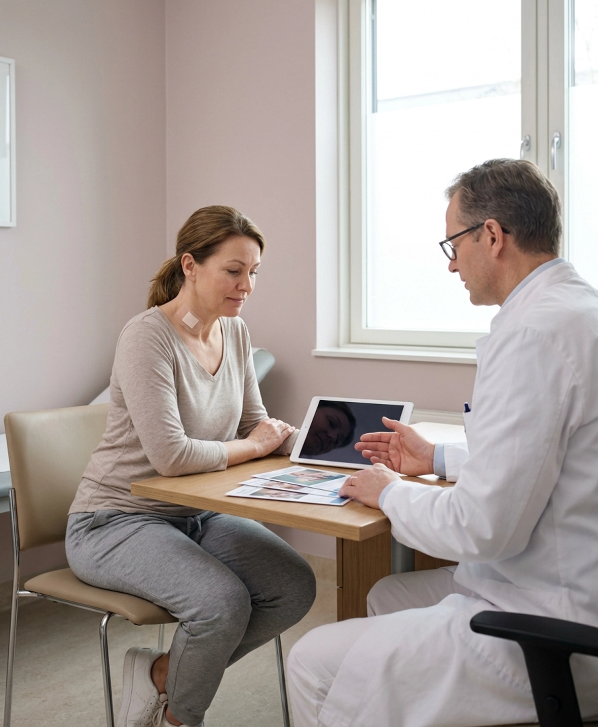 Patient receiving recovery guidance during a follow-up appointment after cosmetic treatment