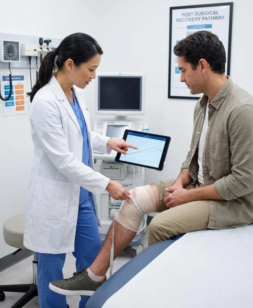 Professional monitoring of healing progress during a follow-up appointment after surgery
