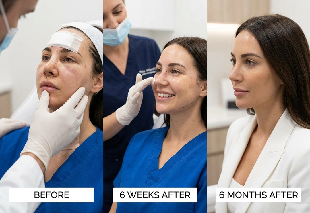 Before and after recovery progression with professional follow-up care after cosmetic surgery