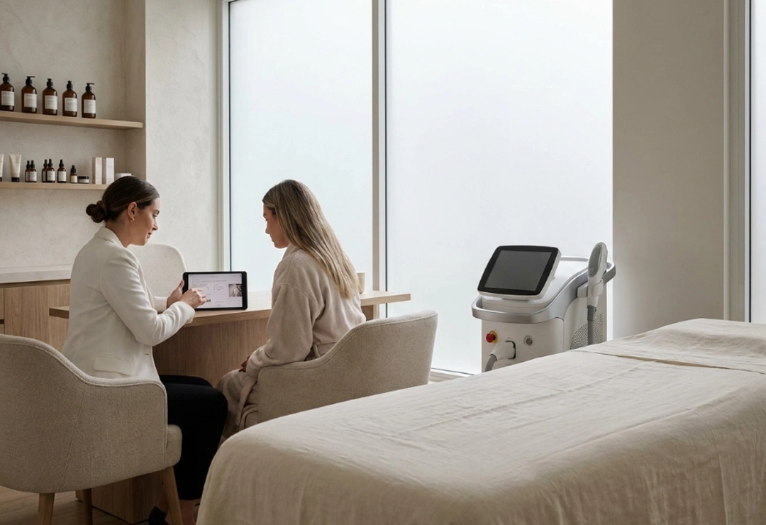 Patient consulting with a specialist about laser hair removal treatment in a luxury clinic
