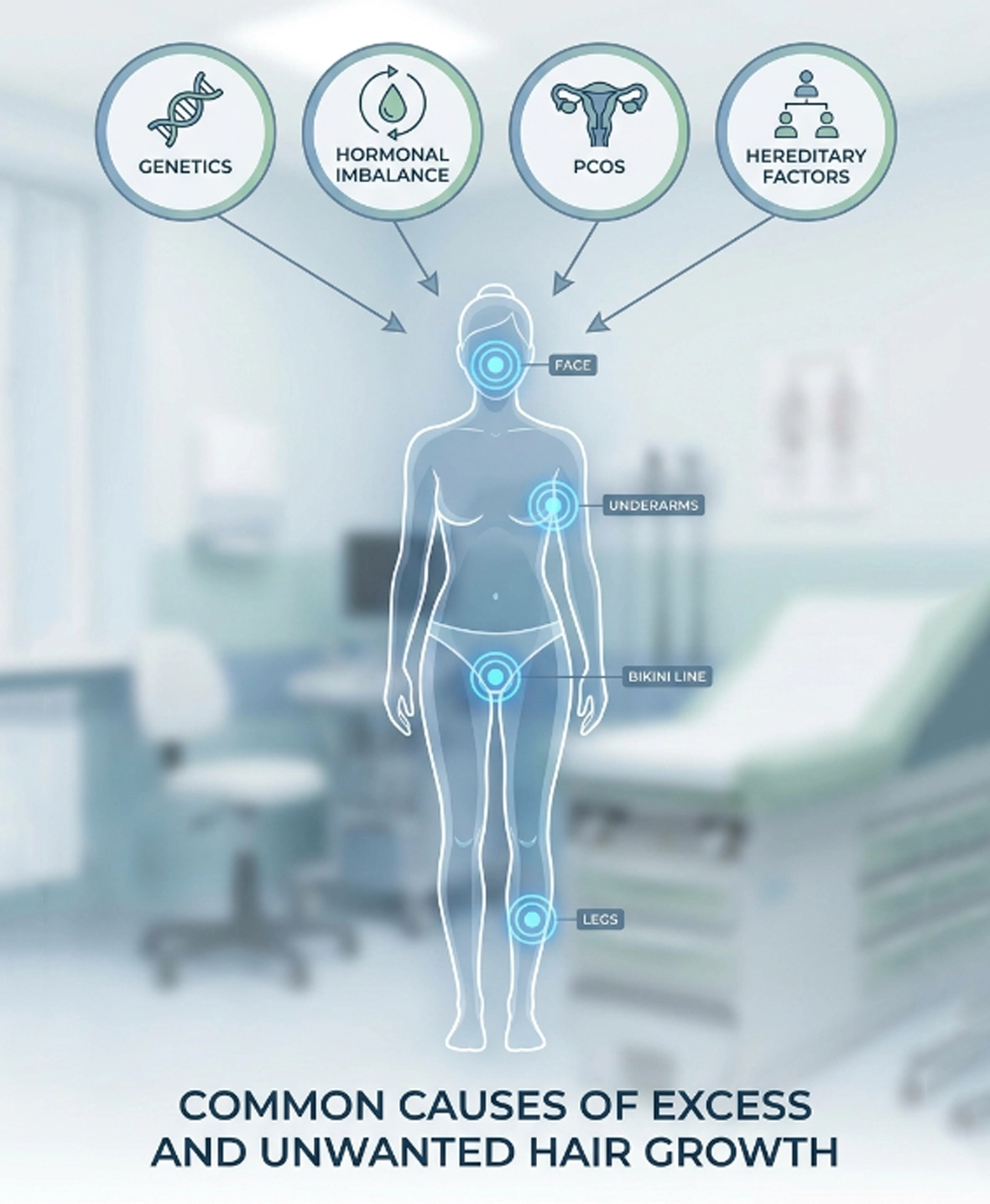 Common causes of excess and unwanted hair growth including hormonal imbalance and genetics