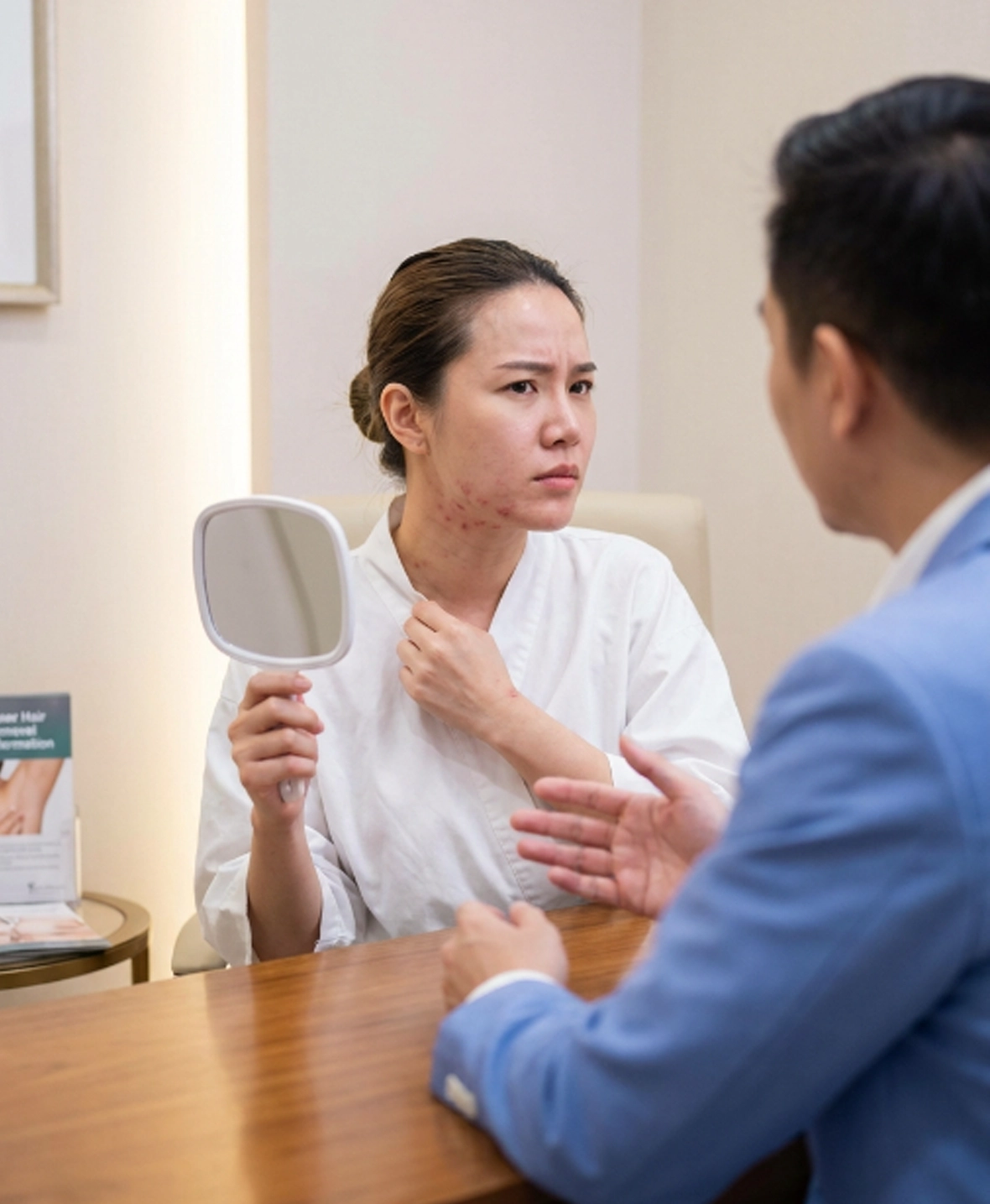 Patient examining unwanted hair growth and shaving irritation before laser hair removal treatment