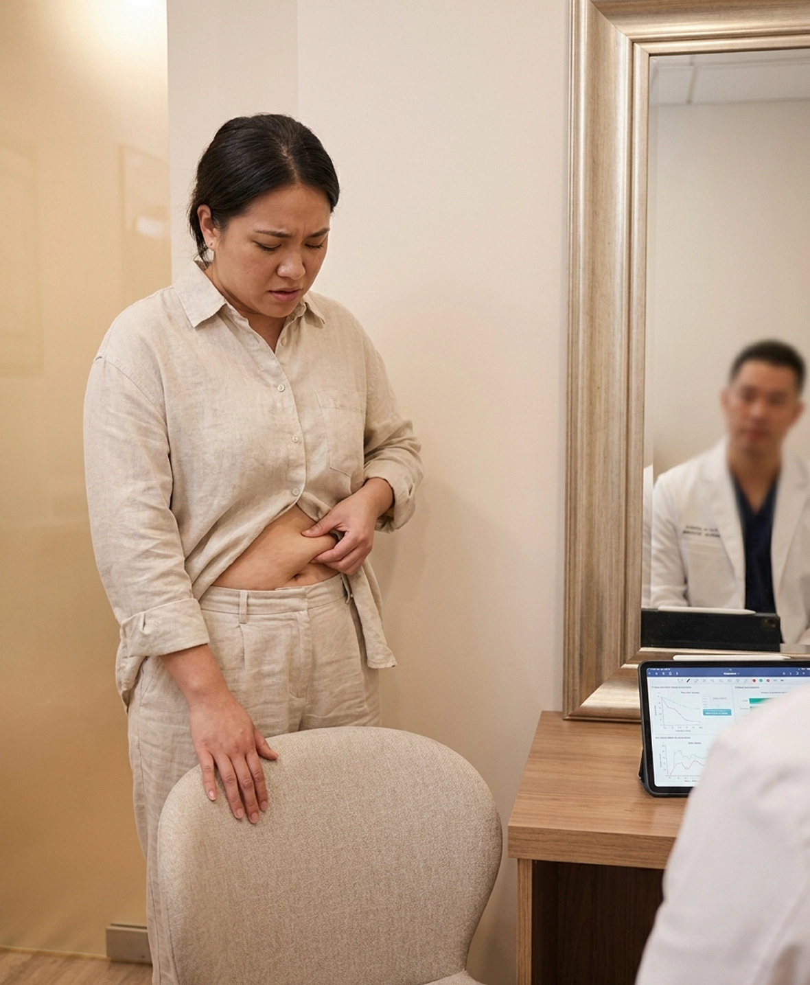 Patient examining loose lower abdominal skin before mini abdominoplasty surgery