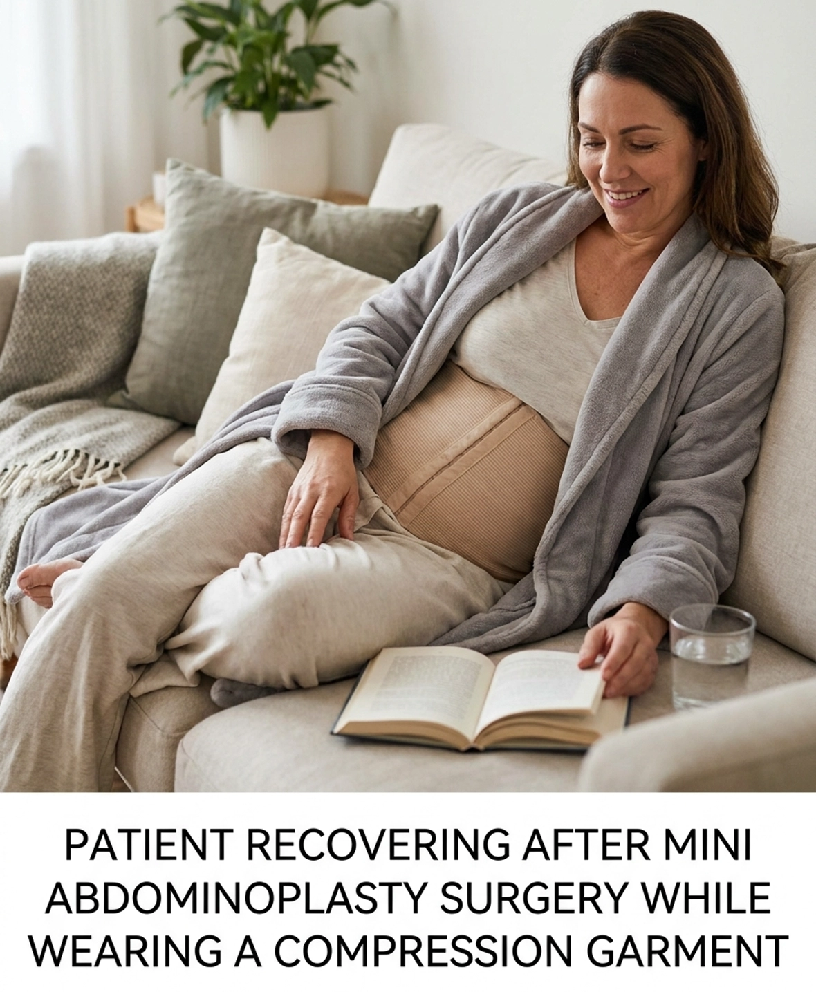 Patient recovering after mini abdominoplasty surgery while wearing a compression garment